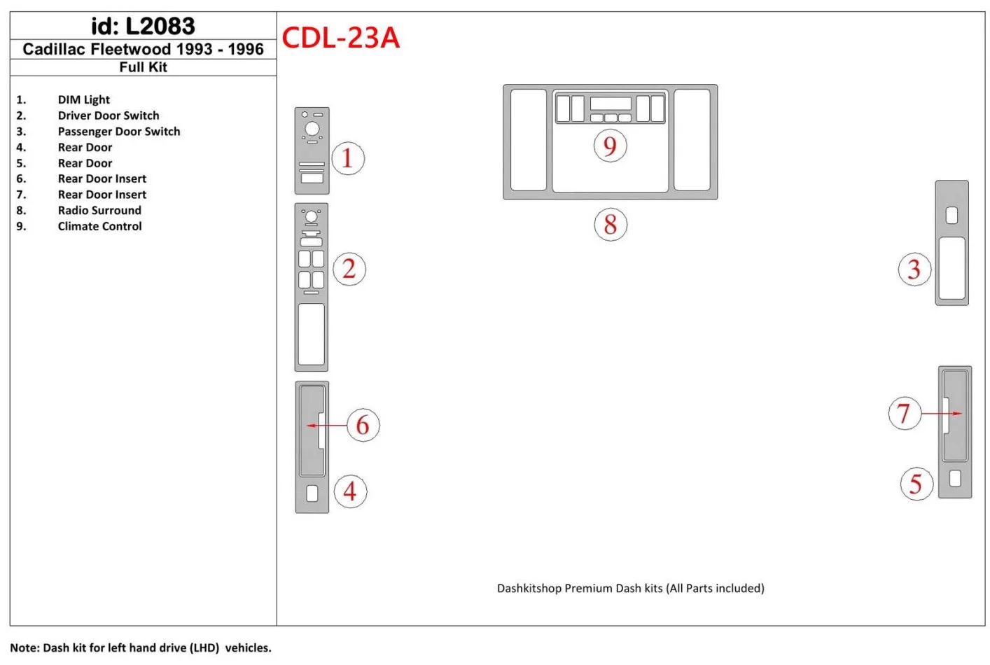 Cadillac Fleetwood 1993-1996 Ensemble complet de garnitures de tableau de bord intérieur BD - 1