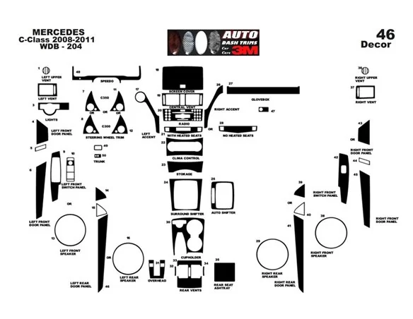 Mercedes Classe C W204 2007–2014 Kit de garniture de tableau de bord intérieur 3D Dash Trim Dekor 46-Parts