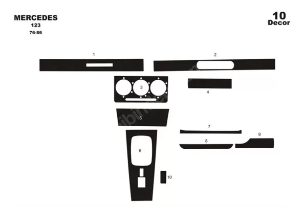 Mercedes Classe E W123 01.76-01.86 Kit de garnitures de tableau de bord intérieur 3D Dash Trim Dekor 10-Parts - 1 Mercedes Classe E W123 01.76-01.86 Kit de garnitures de tableau de bord intérieur 3D Dash Trim Dekor 10-Parts - 1