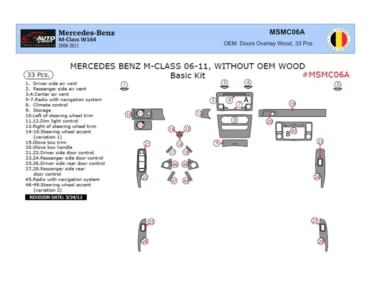 Mercedes ML-Class W164 2006-2011 Kit de garniture de tableau de bord intérieur 3D Dash Trim Dekor 33-Parts - 1