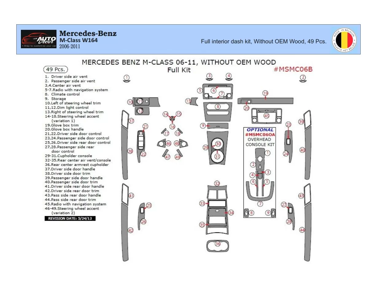 Mercedes ML-Class W164 2006-2011 Kit de garniture de tableau de bord intérieur 3D Dash Trim Dekor 49-Parts - 1