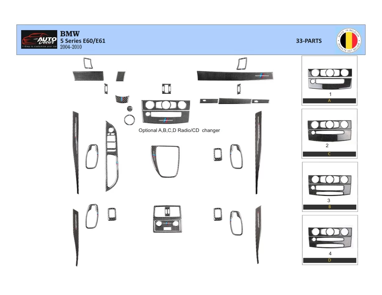BMW 5 Series E60/E61 2004–2010 3D Interior Dashboard Trim Kit Dash Trim Dekor 33-Parts - 1 - Interior Dash Trim Kit