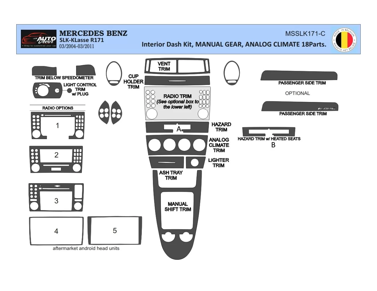 Mercedes SLK (R171) 2004-2010 Kit de garniture de tableau de bord intérieur 3D Dash Trim Dekor 18-Parts - 1