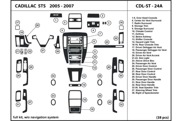 Cadillac STS 2008-2012 Ensemble complet, avec NAVI, sans kit de garniture de tableau de bord intérieur NAVI BD - 1