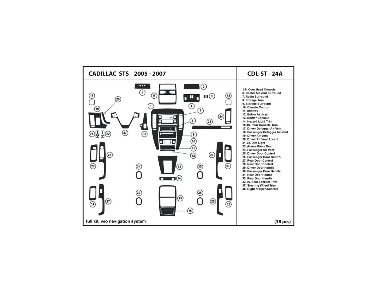 Cadillac STS 2008-2012 Ensemble complet, avec NAVI, sans kit de garniture de tableau de bord intérieur NAVI BD - 1