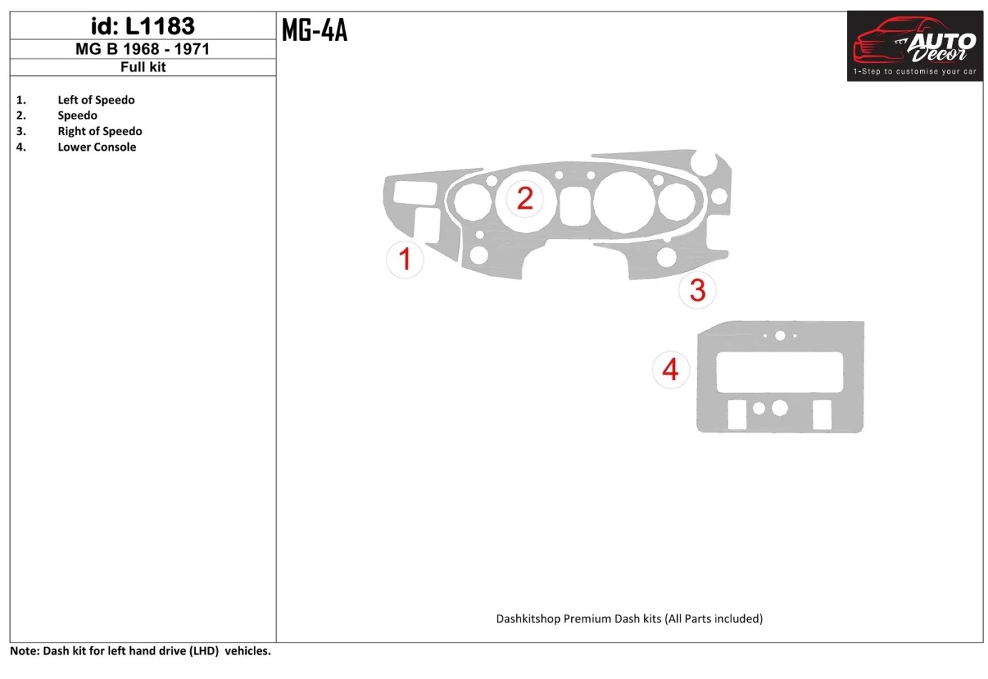 MG B 1968-1971 Ensemble complet de garnitures de tableau de bord intérieur BD - 1