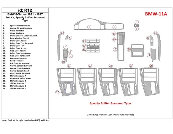 BMW 8 1991-1997 Volledige set interieur BD Dash Trim Kit - 1