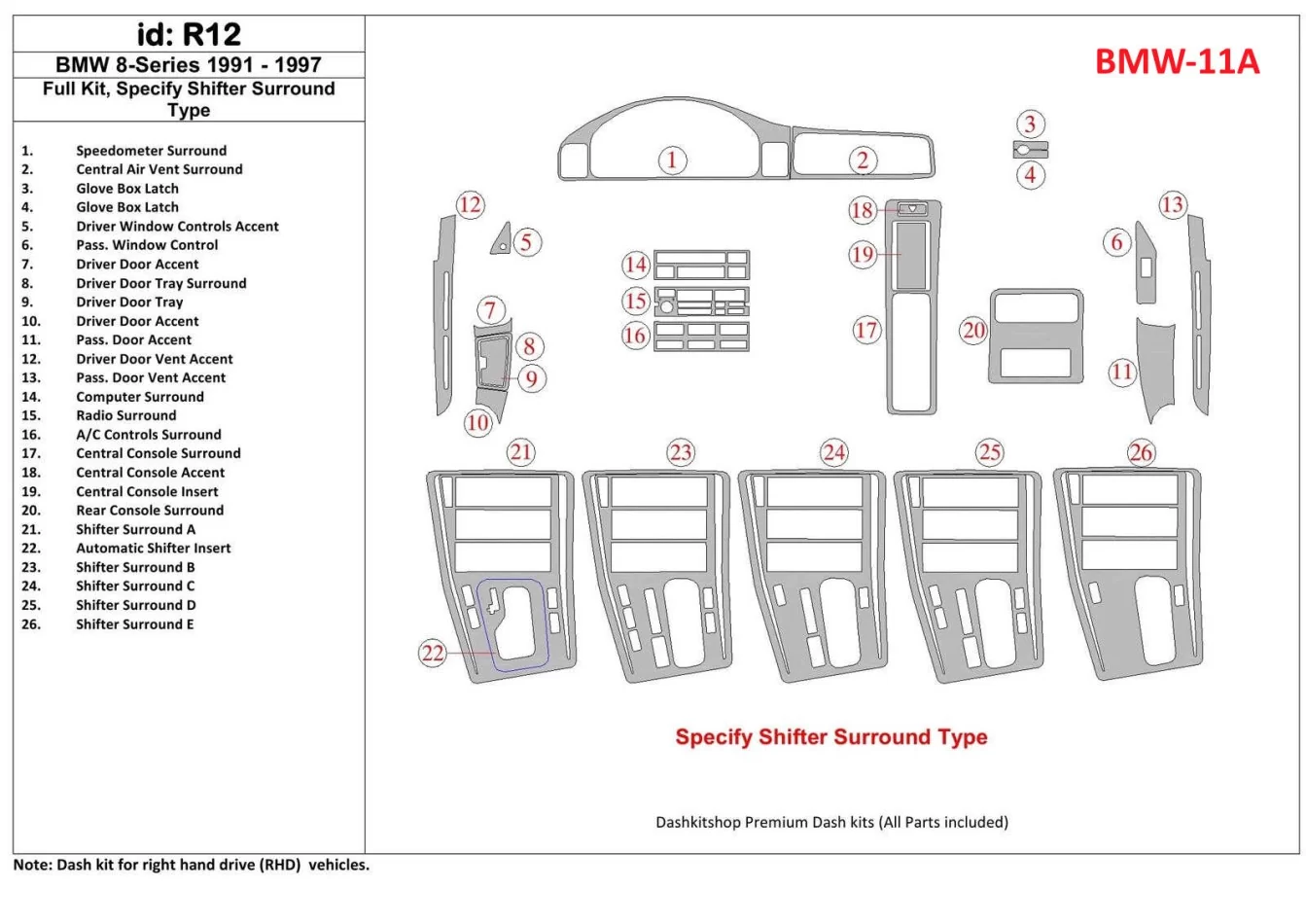 BMW 8 1991-1997 Kit complet de garnitures de tableau de bord intérieur BD - 1