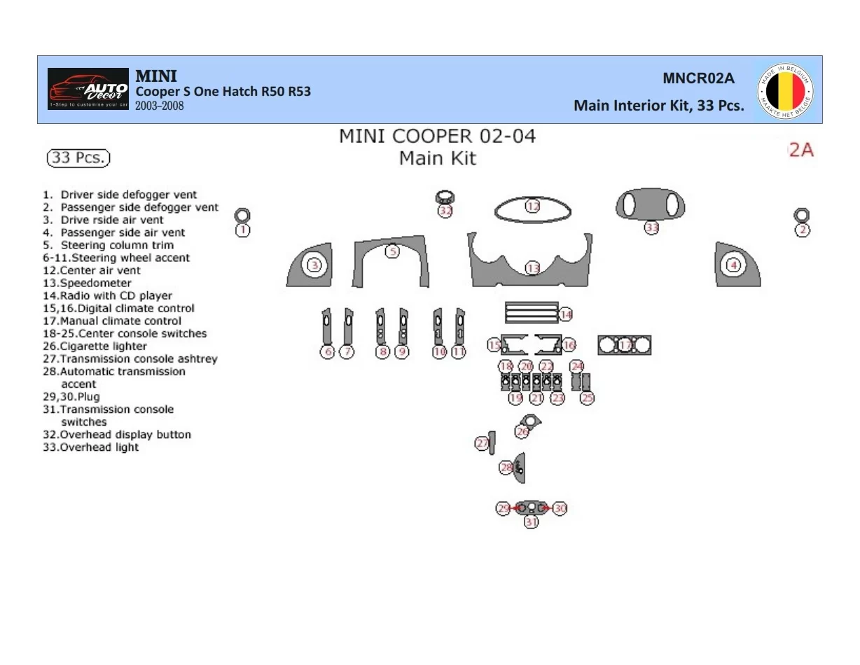 Mini Cooper R50 R53 2003-2008 3D Interior Dashboard Trim Kit Dash Trim Dekor 33-Parts - 1