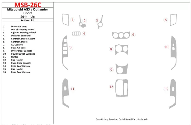 Le kit supplémentaire Mitsubishi ASX 2011-UP convient au kit de garniture de tableau de bord intérieur OEM BD - 1 Le kit supplémentaire Mitsubishi ASX 2011-UP convient au kit de garniture de tableau de bord intérieur OEM BD - 1