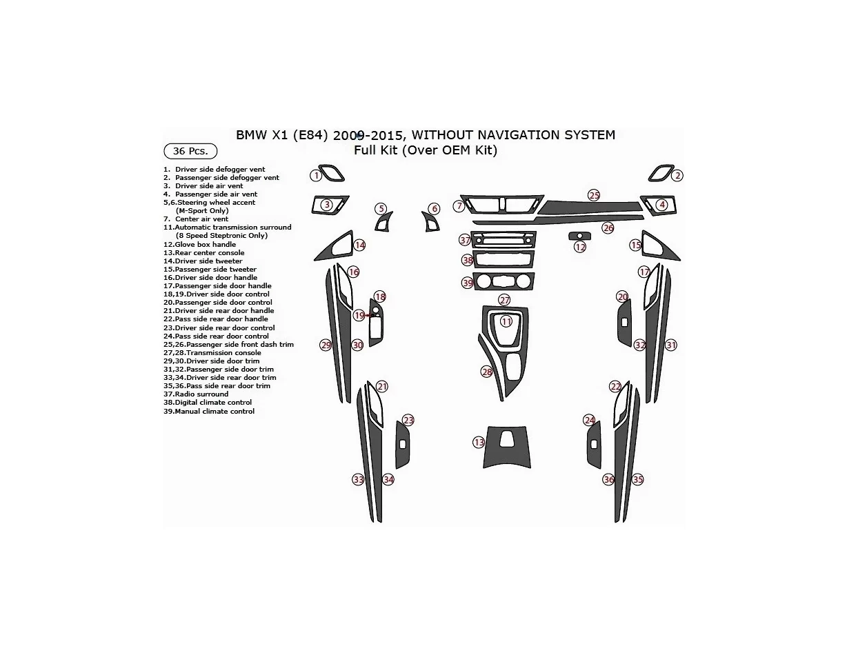 BMW X1 E84 2009–2015 Kit de décoration intérieure 3D pour tableau de bord Dash Trim Dekor 36 pièces - 1