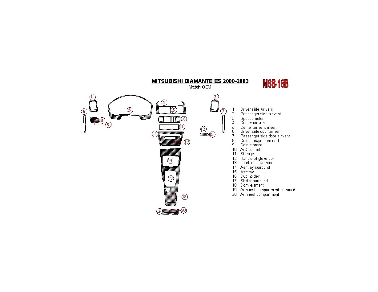Mitsubishi Diamante 2000-2003 Conformité OEM (sauf LS) Kit de garniture de tableau de bord intérieur BD - 1