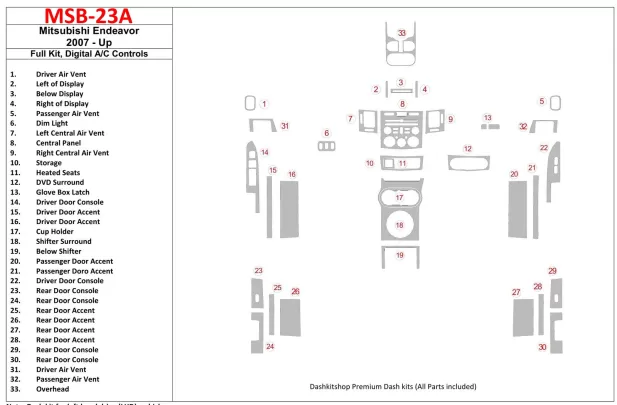 Mitsubishi Endeavour 2007-UP Ensemble complet, kit de garniture de tableau de bord BD intérieur AC automatique - 1 Mitsubishi Endeavour 2007-UP Ensemble complet, kit de garniture de tableau de bord BD intérieur AC automatique - 1