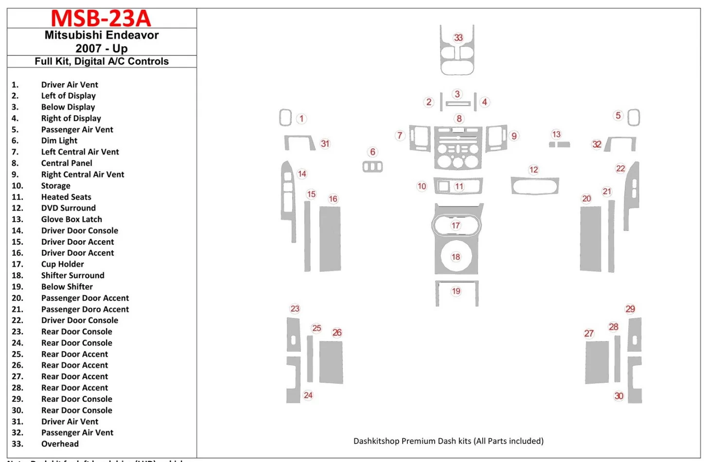 Mitsubishi Endeavor 2007-UP Full Set, Automatic AC Interior BD Dash Trim Kit - 1 - Interior Dash Trim Kit