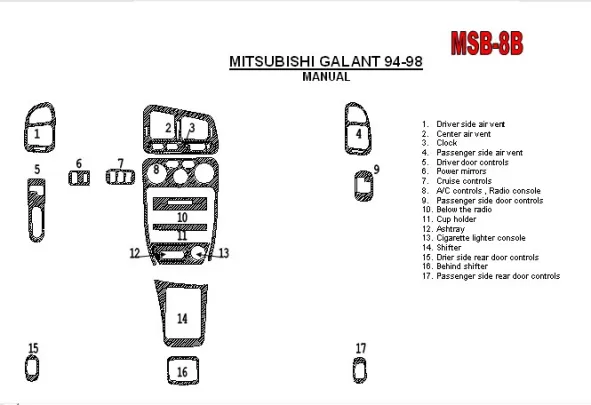 Mitsubishi Galant 1994-1998 Manual Gearbox, mission, 17 Parts set Interior BD Dash Trim Kit - 1 - Interior Dash Trim Kit Mitsubishi Galant 1994-1998 Manual Gearbox, mission, 17 Parts set Interior BD Dash Trim Kit - 1 - Interior Dash Trim Kit