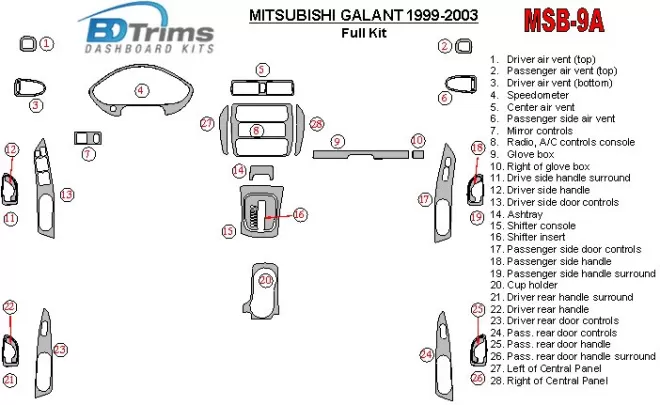 Mitsubishi Galant 1999-2003 Ensemble complet de garnitures de tableau de bord intérieur BD - 1 Mitsubishi Galant 1999-2003 Ensemble complet de garnitures de tableau de bord intérieur BD - 1