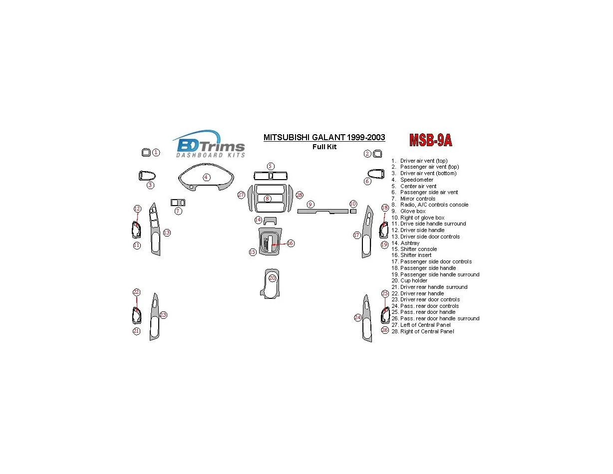 Mitsubishi Galant 1999-2003 Ensemble complet de garnitures de tableau de bord intérieur BD - 1