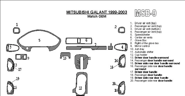 Mitsubishi Galant 1999-2003 Kit de garniture de tableau de bord BD intérieur conforme OEM - 1 Mitsubishi Galant 1999-2003 Kit de garniture de tableau de bord BD intérieur conforme OEM - 1