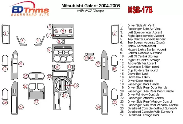 Mitsubishi Galant 2004-2008 With 6 CD Player Interior BD Dash Trim Kit - 1 Mitsubishi Galant 2004-2008 With 6 CD Player Interior BD Dash Trim Kit - 1