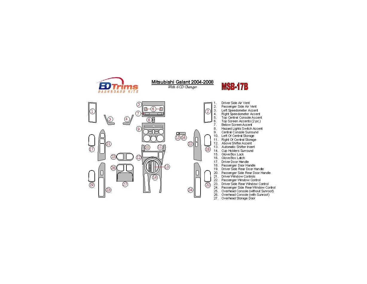 Mitsubishi Galant 2004-2008 avec kit de garniture de tableau de bord intérieur BD pour lecteur 6 CD - 1