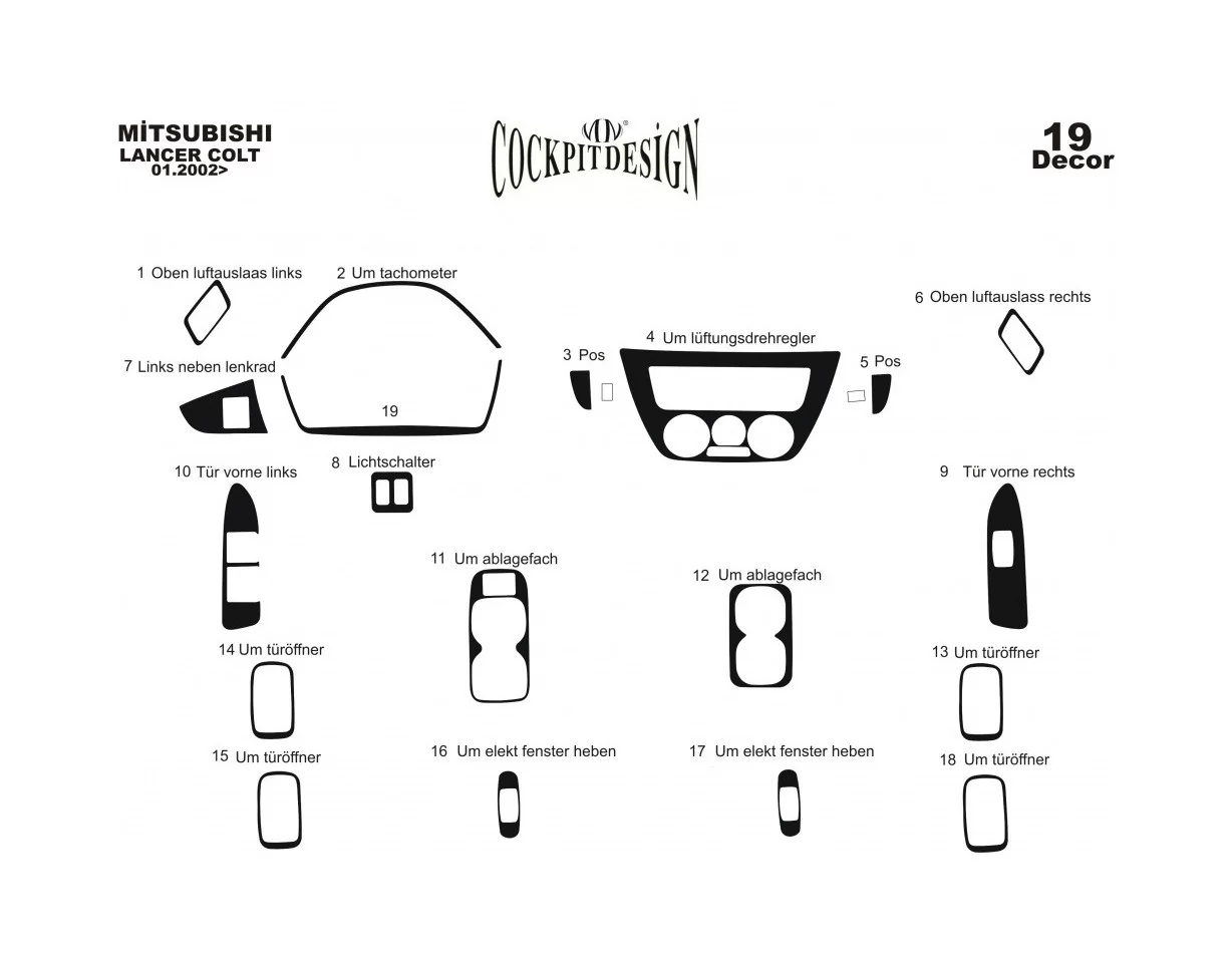Mitsubishi Lancer 06.02-12.09 Kit de garniture de tableau de bord intérieur 3D Dash Trim Dekor 19-Parts - 1