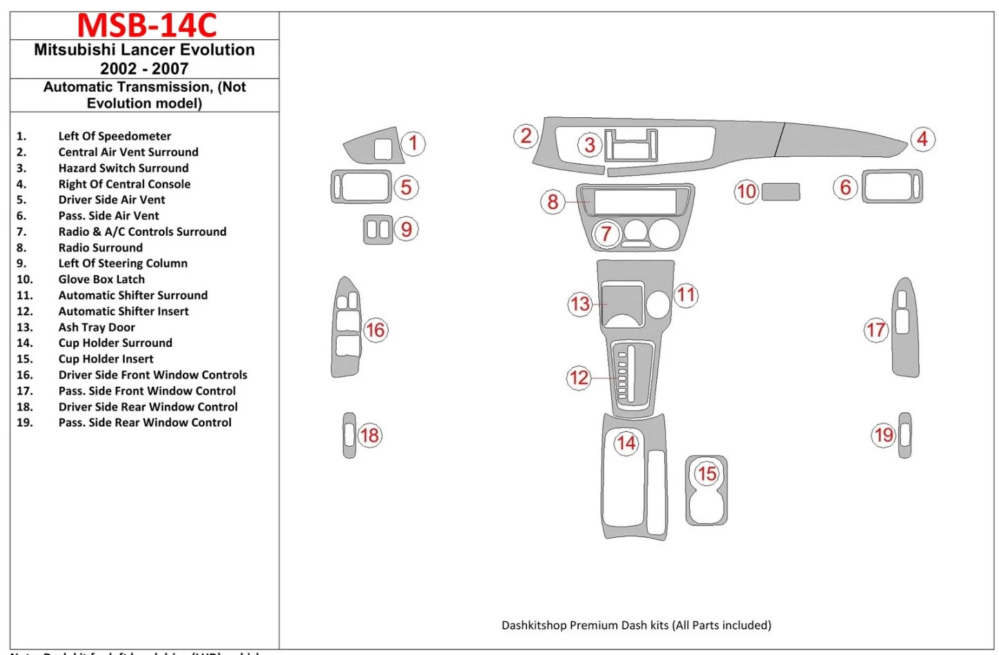 Mitsubishi Lancer 2002-2007 Automatic Gear, (?? EVOLUTION model) Interior BD Dash Trim Kit - 1 - Interior Dash Trim Kit