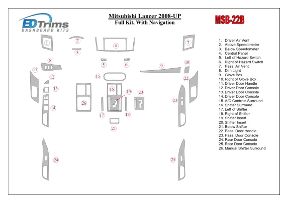 Mitsubishi Lancer 2008-UP Full Set, With NAVI Interior BD Dash Trim Kit - 1 - Interior Dash Trim Kit Mitsubishi Lancer 2008-UP Full Set, With NAVI Interior BD Dash Trim Kit - 1 - Interior Dash Trim Kit