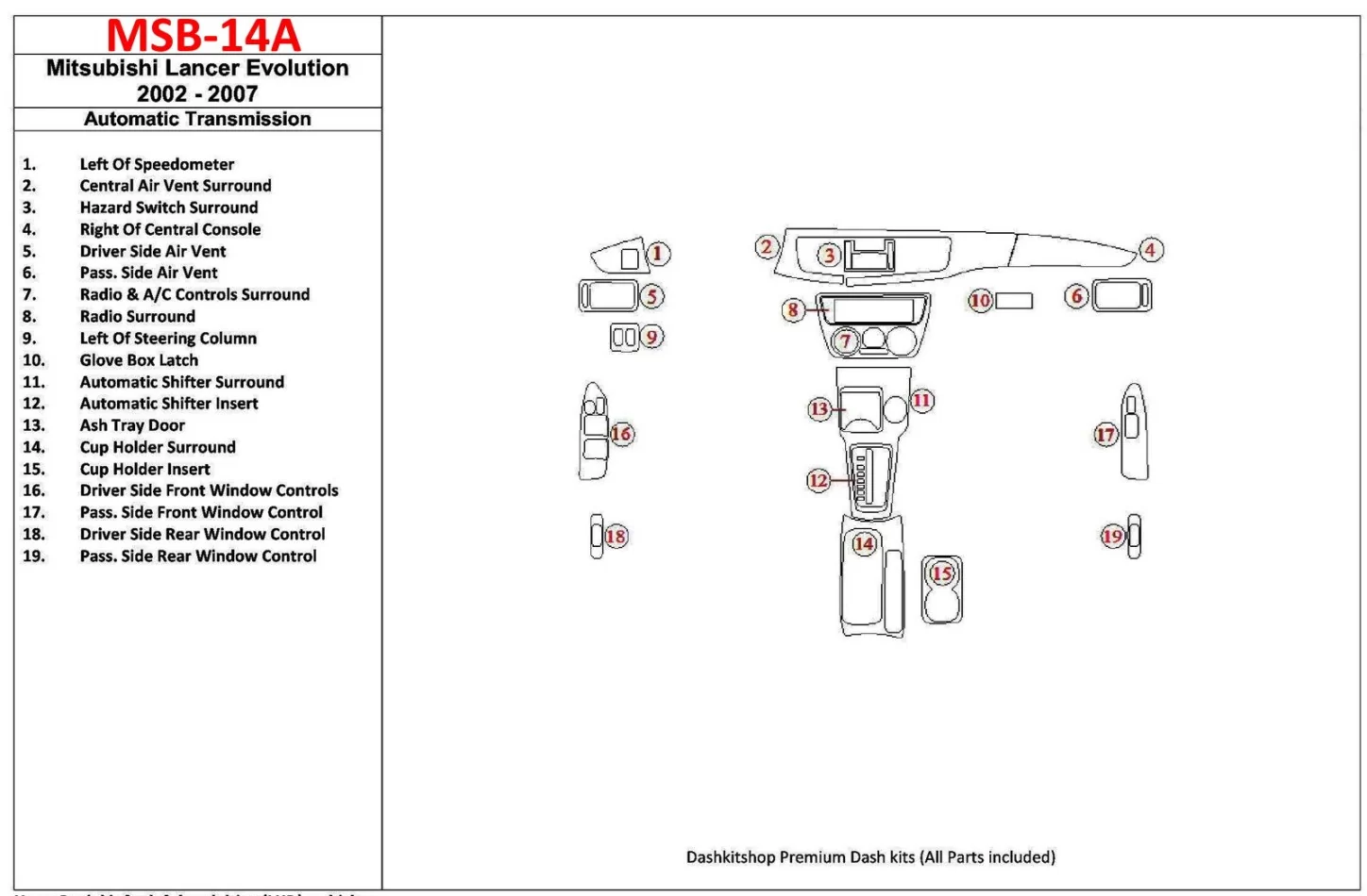 Mitsubishi Lancer Evolution 2002-2007 Automatic Gear Interior BD Dash Trim Kit - 1 - Interior Dash Trim Kit