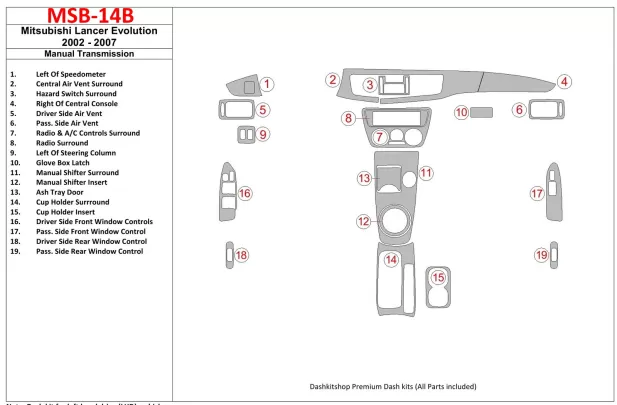 Mitsubishi Lancer Evolution 2002-2007 Manual Gear Box Interior BD Dash Trim Kit - 1 Mitsubishi Lancer Evolution 2002-2007 Manual Gear Box Interior BD Dash Trim Kit - 1