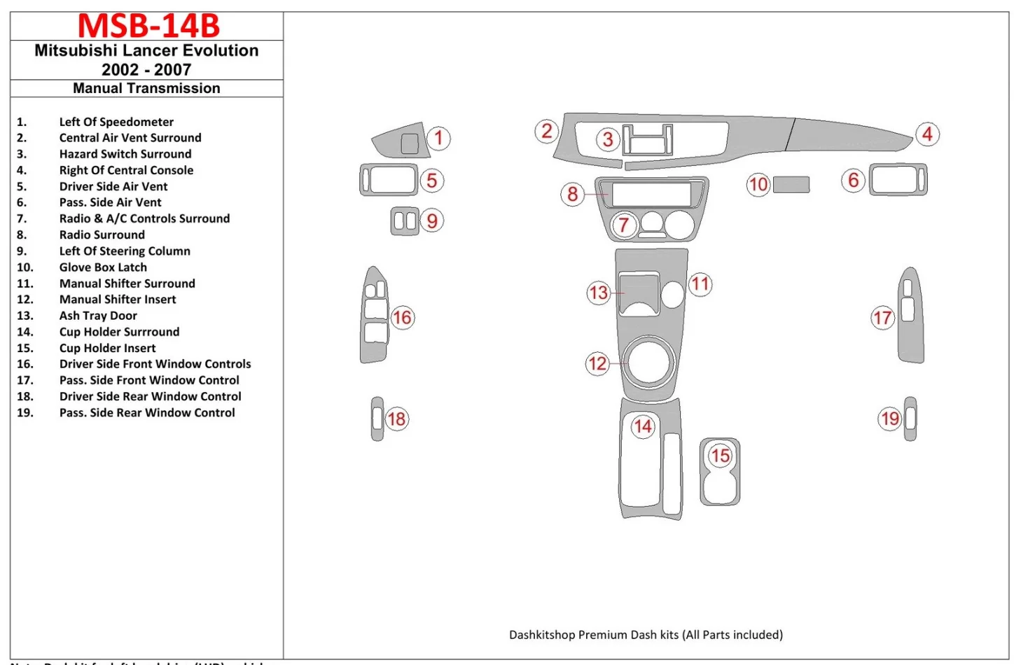Mitsubishi Lancer Evolution 2002-2007 Manual Gear Box Interior BD Dash Trim Kit - 1 - Interior Dash Trim Kit