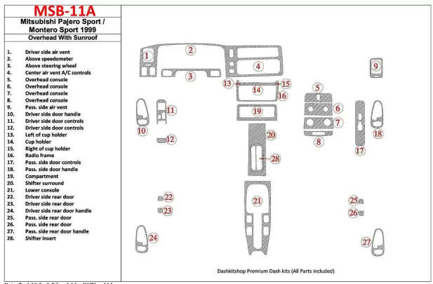 Mitsubishi Pajero Sport/Montero Sport 1998-2008 Overhead With Sunroof, 28 Parts set Interior BD Dash Trim Kit - 1 Mitsubishi Pajero Sport/Montero Sport 1998-2008 Overhead With Sunroof, 28 Parts set Interior BD Dash Trim Kit - 1