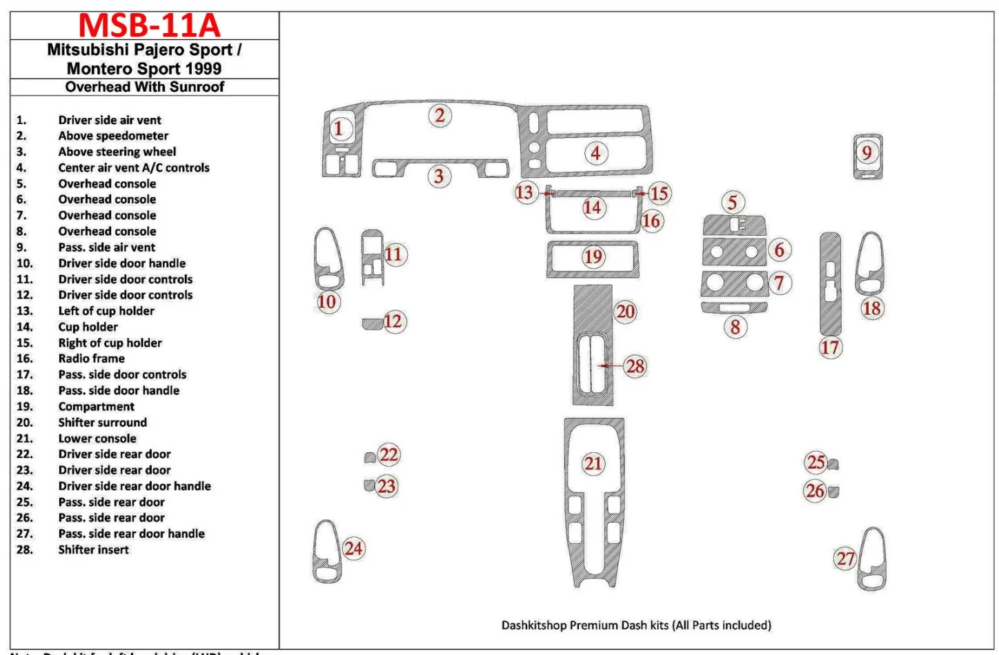 Mitsubishi Pajero Sport/Montero Sport 1998-2008 Overhead With Sunroof, 28 Parts set Interior BD Dash Trim Kit - 1