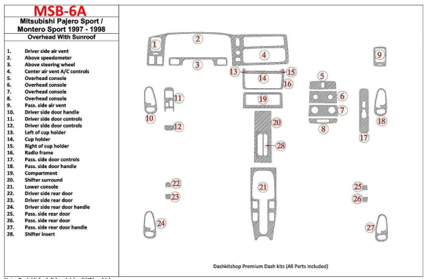 Mitsubishi Pajero Sport/Montero Sport 1998-2008 With Overhead, With Sunroof, 28 Parts set Interior BD Dash Trim Kit - 1 - Interi Mitsubishi Pajero Sport/Montero Sport 1998-2008 With Overhead, With Sunroof, 28 Parts set Interior BD Dash Trim Kit - 1 - Interi