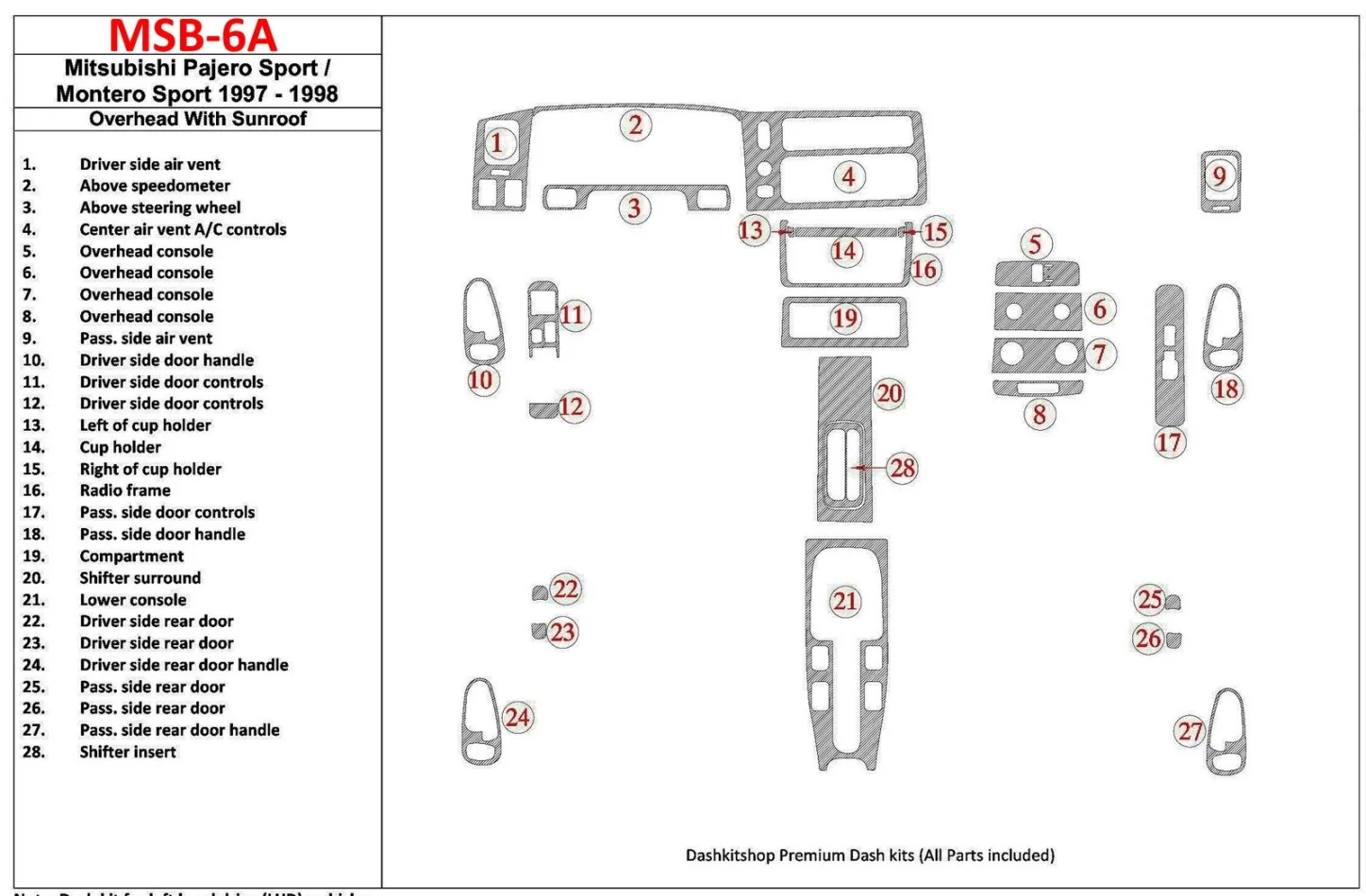 Mitsubishi Pajero Sport/Montero Sport 1998-2008 avec plafond, avec toit ouvrant, kit de garniture de tableau de bord BD intérieu
