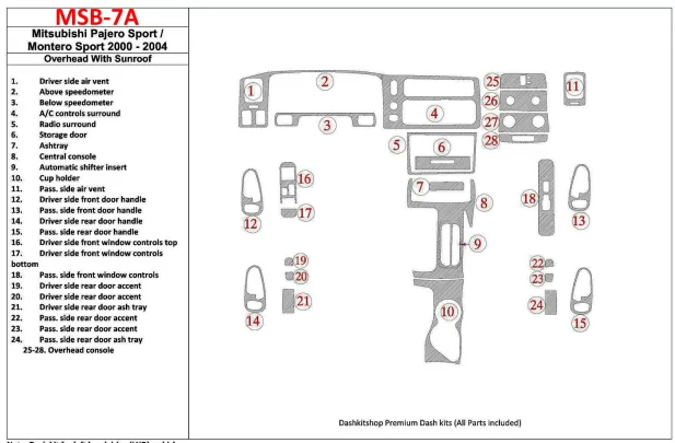 Mitsubishi Pajero Sport/Montero Sport 1998-2008 avec plafond, avec toit ouvrant, kit de garniture de tableau de bord BD intérieu Mitsubishi Pajero Sport/Montero Sport 1998-2008 avec plafond, avec toit ouvrant, kit de garniture de tableau de bord BD intérieu