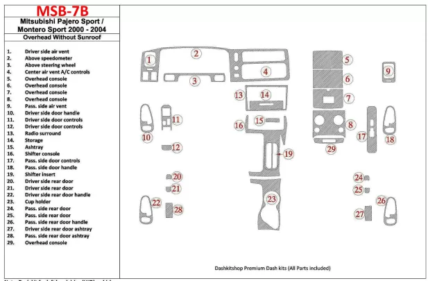 Mitsubishi Pajero Sport/Montero Sport 1998-2008 avec plafond, sans toit ouvrant, kit de garniture de tableau de bord BD intérieu Mitsubishi Pajero Sport/Montero Sport 1998-2008 avec plafond, sans toit ouvrant, kit de garniture de tableau de bord BD intérieu