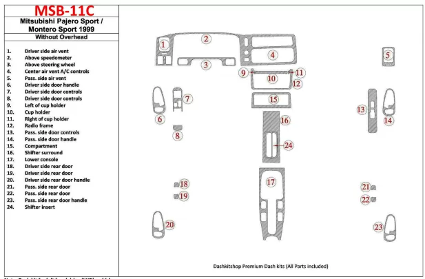 Mitsubishi Pajero Sport/Montero Sport 1998-2008 Without Overhead, 24 Parts set Interior BD Dash Trim Kit - 1 - Interior Dash Tri Mitsubishi Pajero Sport/Montero Sport 1998-2008 Without Overhead, 24 Parts set Interior BD Dash Trim Kit - 1 - Interior Dash Tri