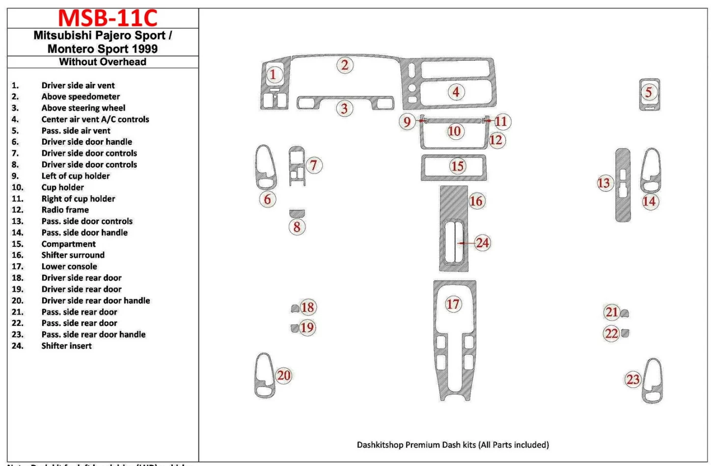 Mitsubishi Pajero Sport/Montero Sport 1998-2008 Without Overhead, 24 Parts set Interior BD Dash Trim Kit - 1 - Interior Dash Tri