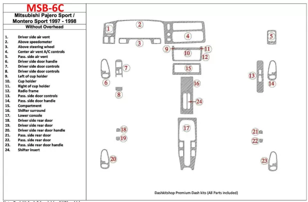 Mitsubishi Pajero Sport/Montero Sport 1998-2008 Without Overhead, 24 Parts set Interior BD Dash Trim Kit - 1 Mitsubishi Pajero Sport/Montero Sport 1998-2008 Without Overhead, 24 Parts set Interior BD Dash Trim Kit - 1