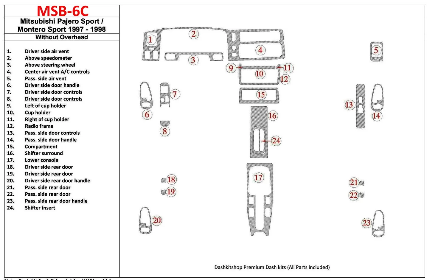 Mitsubishi Pajero Sport/Montero Sport 1998-2008 Without Overhead, 24 Parts set Interior BD Dash Trim Kit - 1