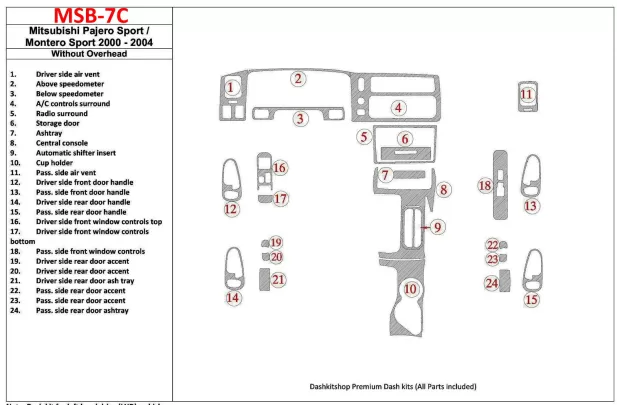 Mitsubishi Pajero Sport/Montero Sport 1998-2008 Without Overhead, 24 Parts set Interior BD Dash Trim Kit - 1 Mitsubishi Pajero Sport/Montero Sport 1998-2008 Without Overhead, 24 Parts set Interior BD Dash Trim Kit - 1