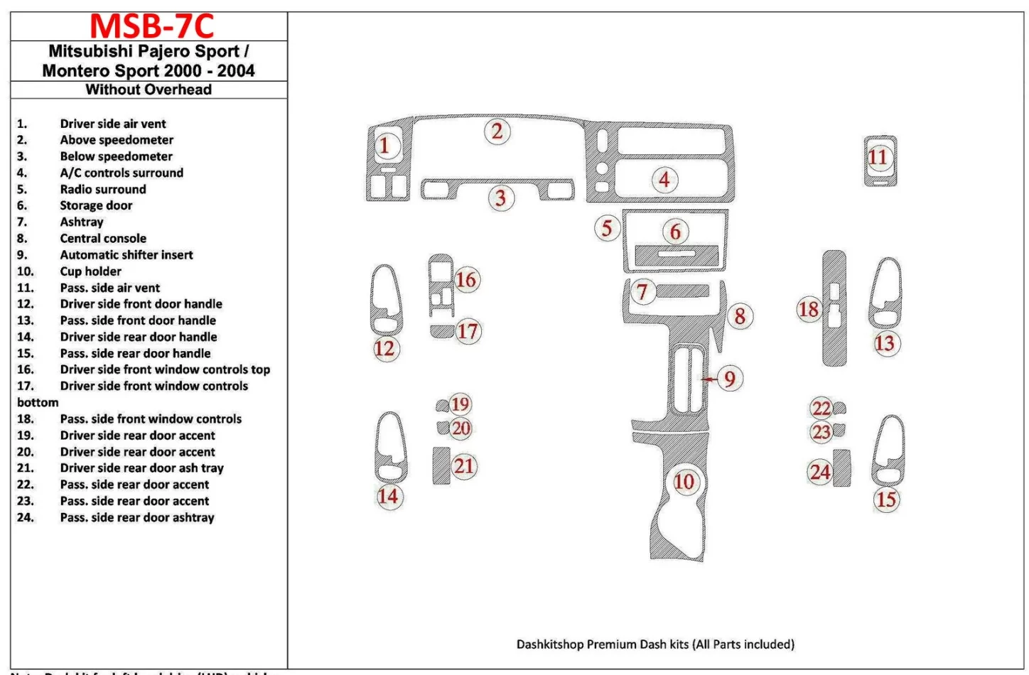 Mitsubishi Pajero Sport/Montero Sport 1998-2008 Without Overhead, 24 Parts set Interior BD Dash Trim Kit - 1 - Interior Dash Tri