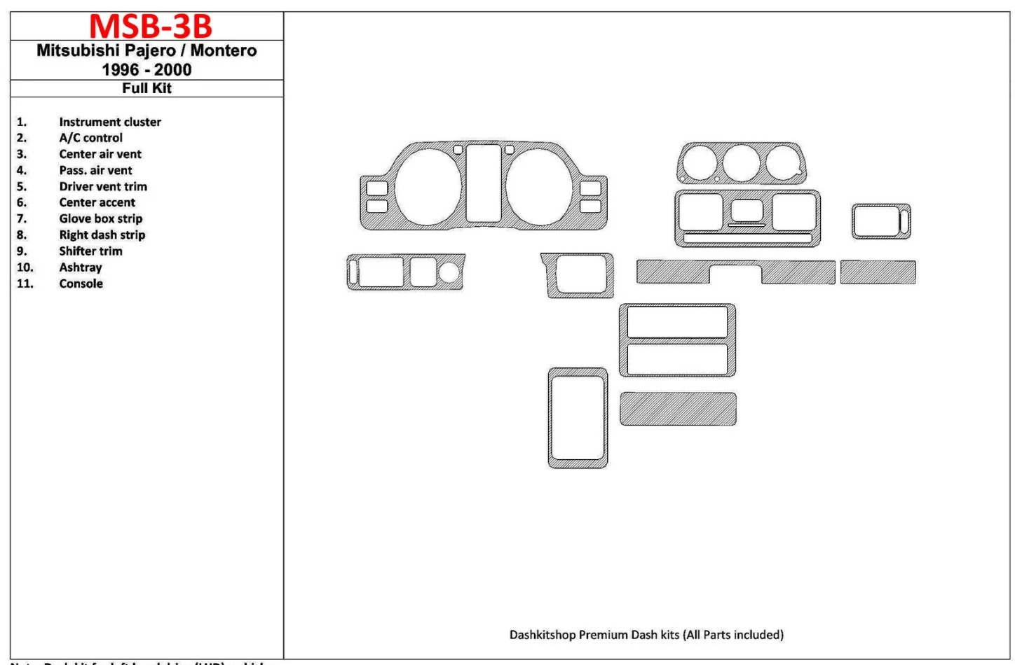Mitsubishi Pajero/Montero 1991-1999 Full Set, 11 Parts set Interior BD Dash Trim Kit - 1 - Interior Dash Trim Kit