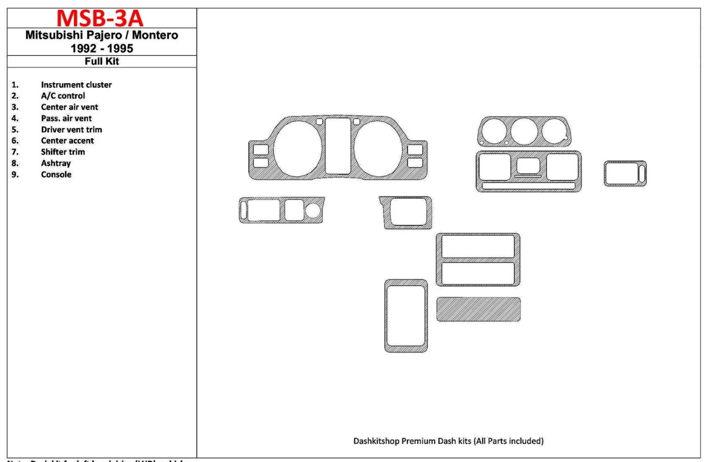 Mitsubishi Pajero/Montero 1991-1999 Full Set, 9 Parts set Interior BD Dash Trim Kit - 1 - Interior Dash Trim Kit