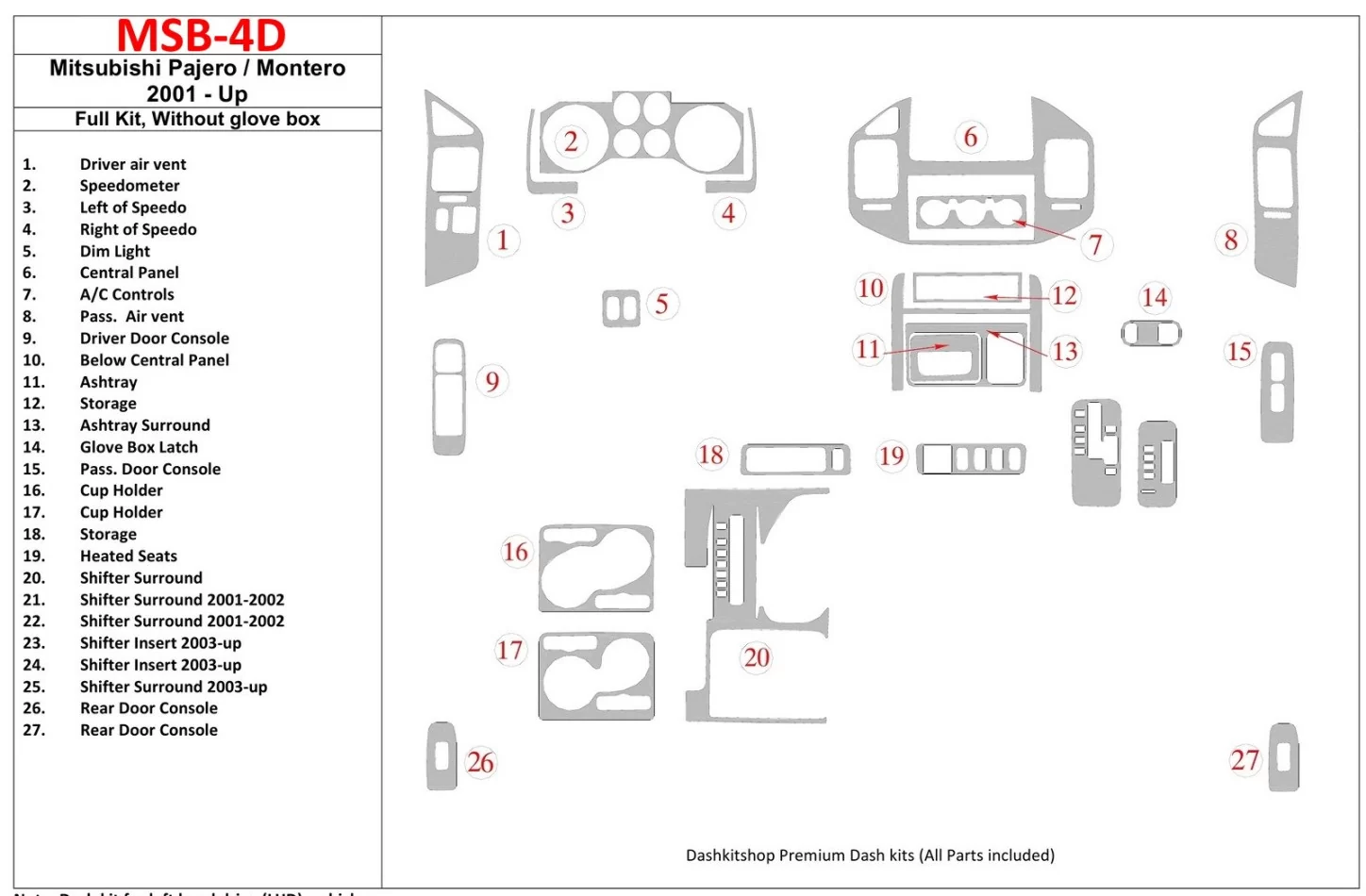 Mitsubishi Pajero/Montero 2000-2006 ensemble complet, sans kit de garniture de tableau de bord BD intérieur glowe-box - 1