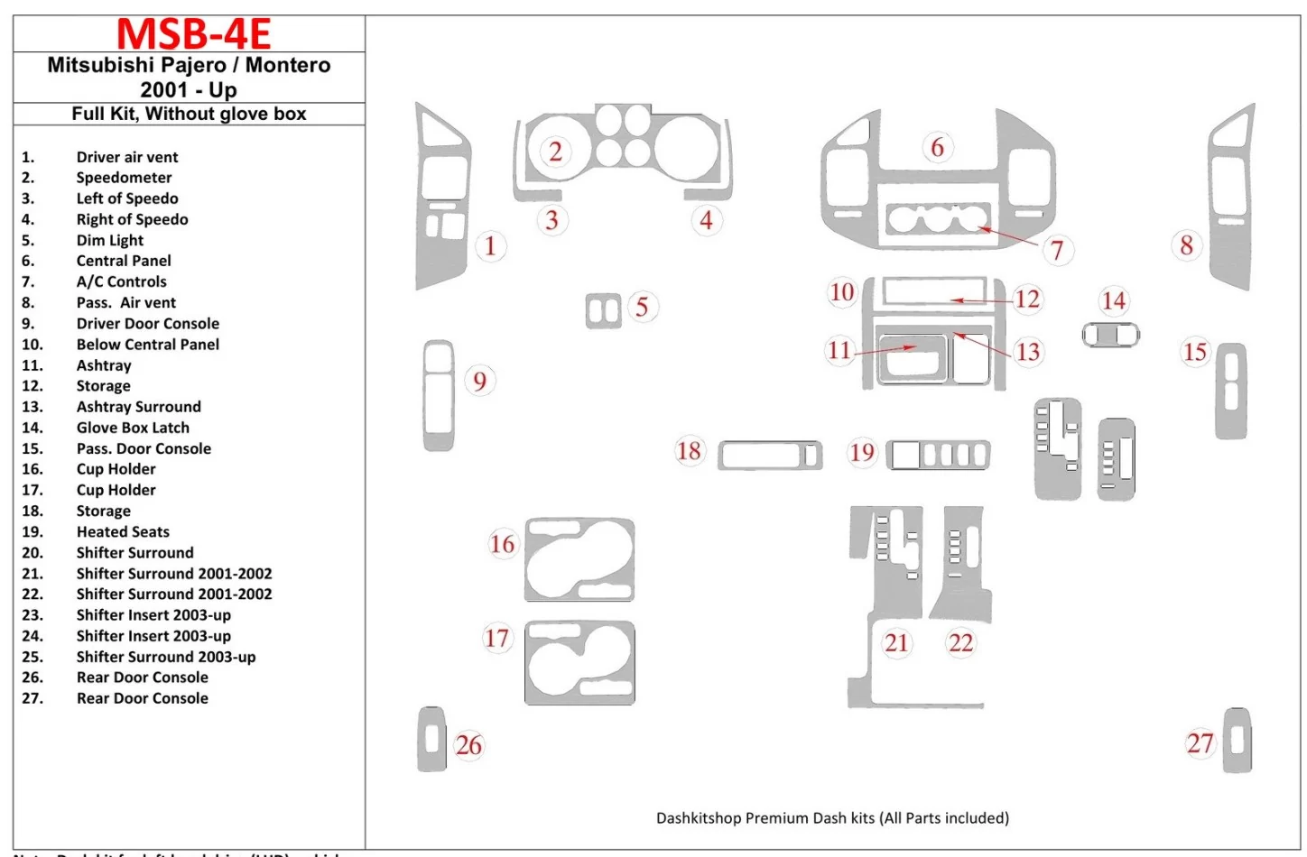 Mitsubishi Pajero/Montero 2000-2006 Full Set, Without glowe-box Interior BD Dash Trim Kit - 1 - Interior Dash Trim Kit
