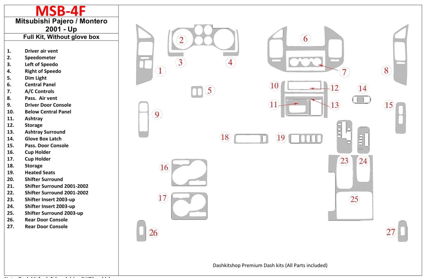 Mitsubishi Pajero/Montero 2000-2006 Full Set, Without glowe-box Interior BD Dash Trim Kit - 1 - Interior Dash Trim Kit