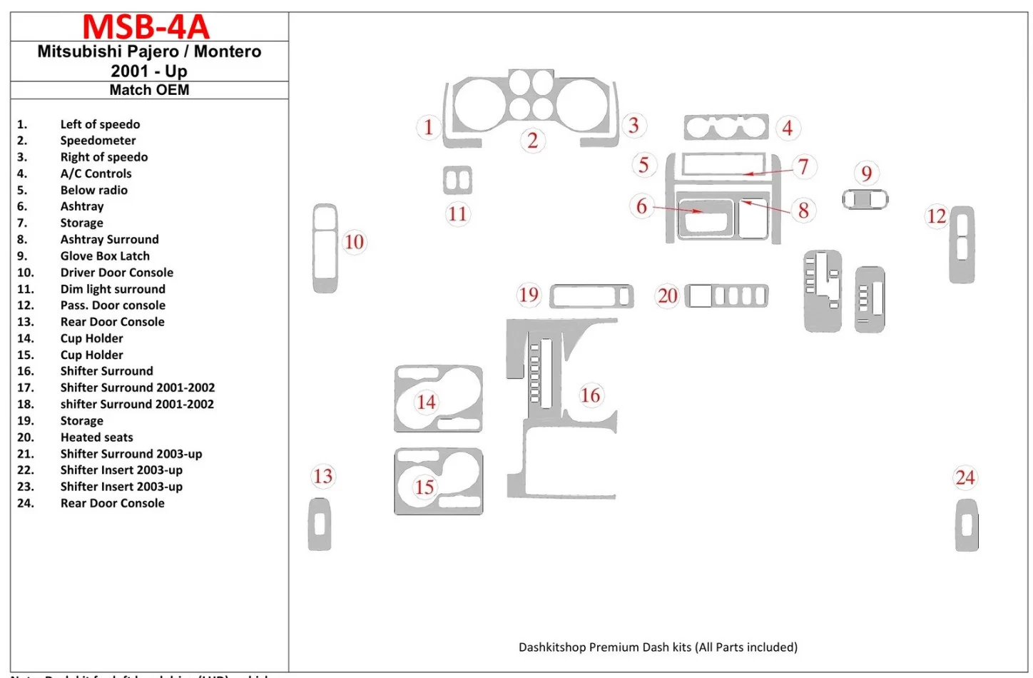 Mitsubishi Pajero/Montero 2000-2006 Kit de garniture de tableau de bord BD intérieur conforme OEM - 1