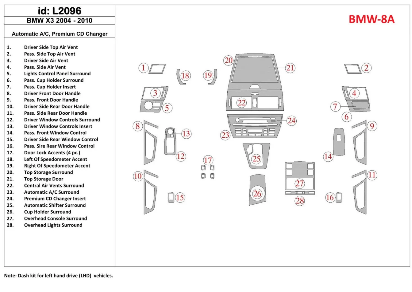 BMW X3 2004-UP Boîte de vitesses automatique AC Control, Premium CD Changer Interior BD Dash Trim Kit - 1