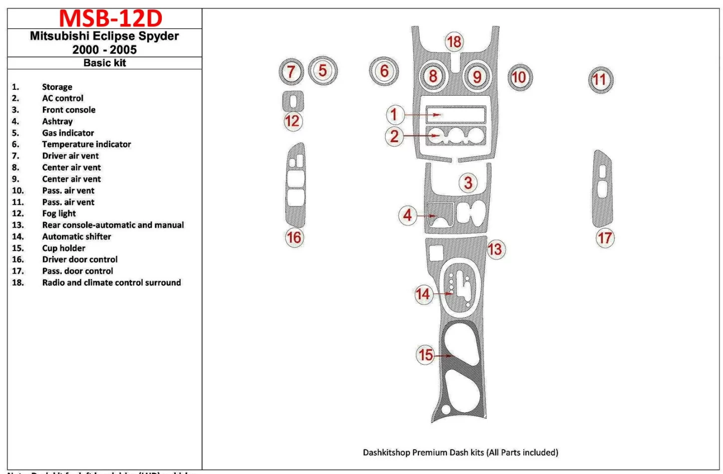Mitsubishi Spyder 2000-2005 Basic Set, 18 Parts set Interior BD Dash Trim Kit - 1